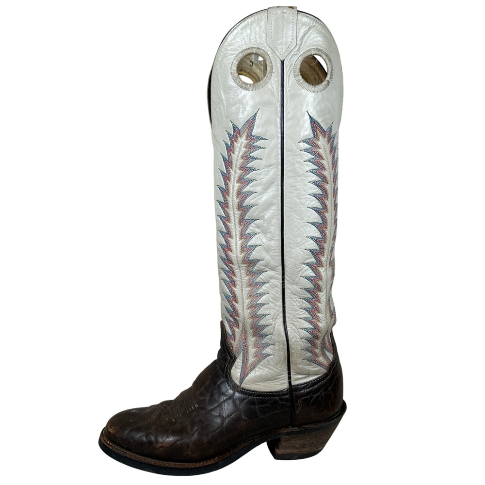 Tony Lama Tall top Buckaroo Men Vintage Western Cowboy Boots Brown White Leather